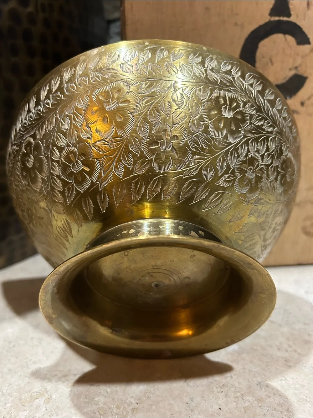 Vintage Brass pedestal Bowl with an Etched Floral Design